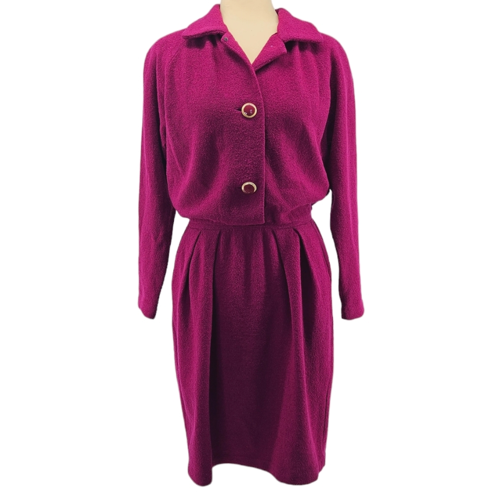 St. John Deep Fuchsia Wool Midi Dress Set